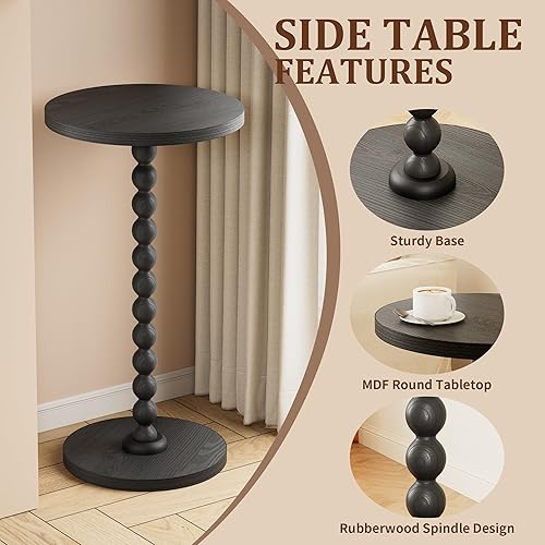 Miniatura 4 de Mesa auxiliar redonda, mesa de bebidas para espacios pequeños, mesita de noche moderna con patas de madera de goma para sala de estar, dormitorio,