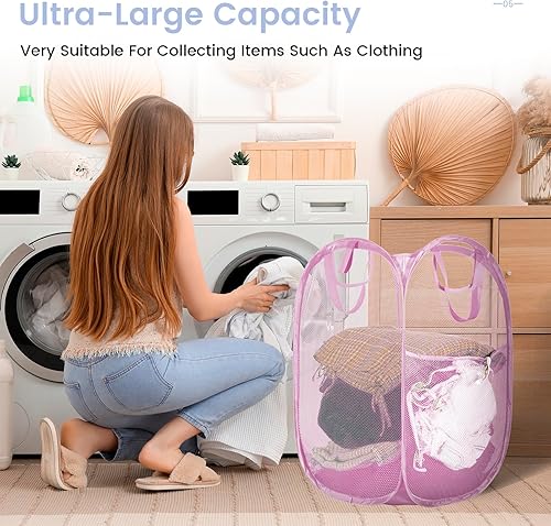 Miniatura 8 de Reforzado Cesta de lavandería plegable de malla fuerte, cesta de lavandería plegable de calidad con asas duraderas, marco de acero de alto carbono,