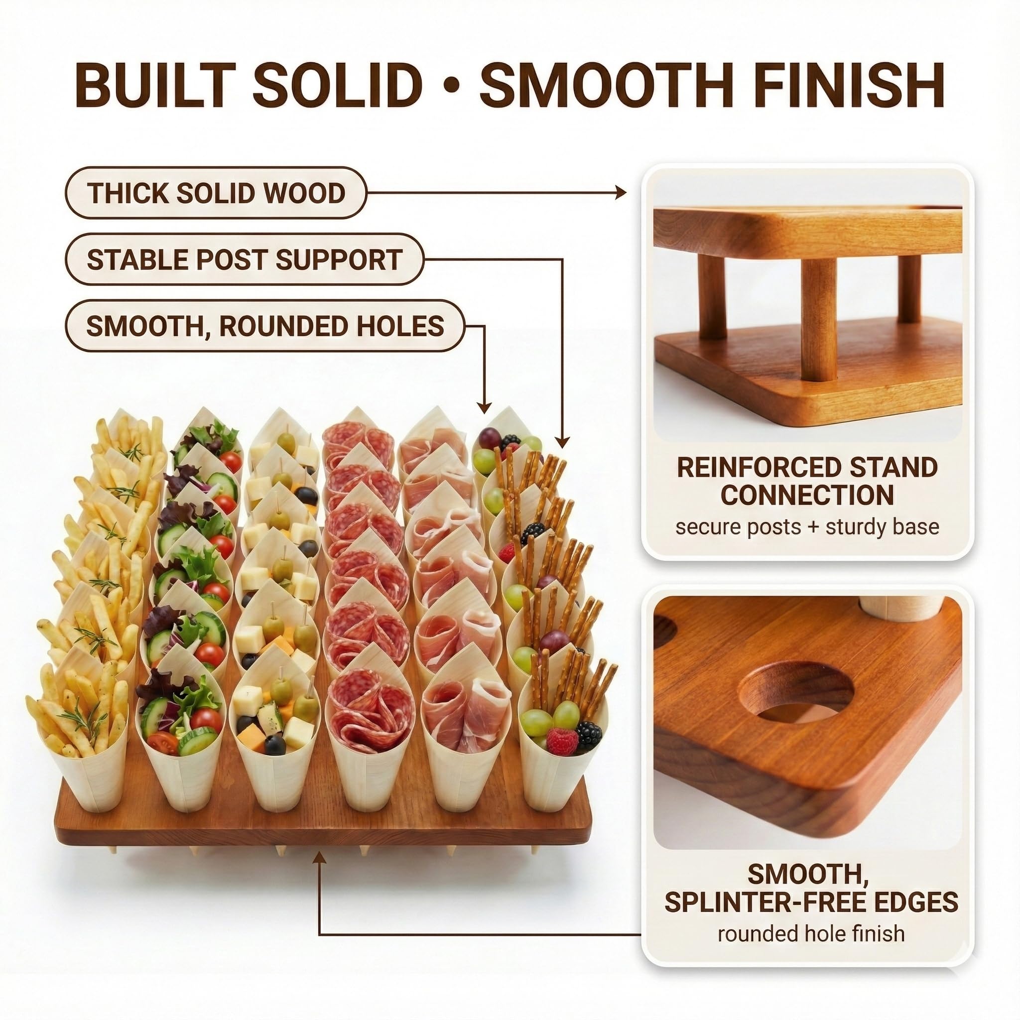 Relaxing Garden Lebensmittelkegelhalter aus Holz, 36 Schlitze, 100 Kegel, 100 Plektren | 33 x 33 cm Holzständer mit 2,5 cm Löchern für Vorspeisen und Dessertkegel; Gebaut für Buffets, Catering und Food Trucks.