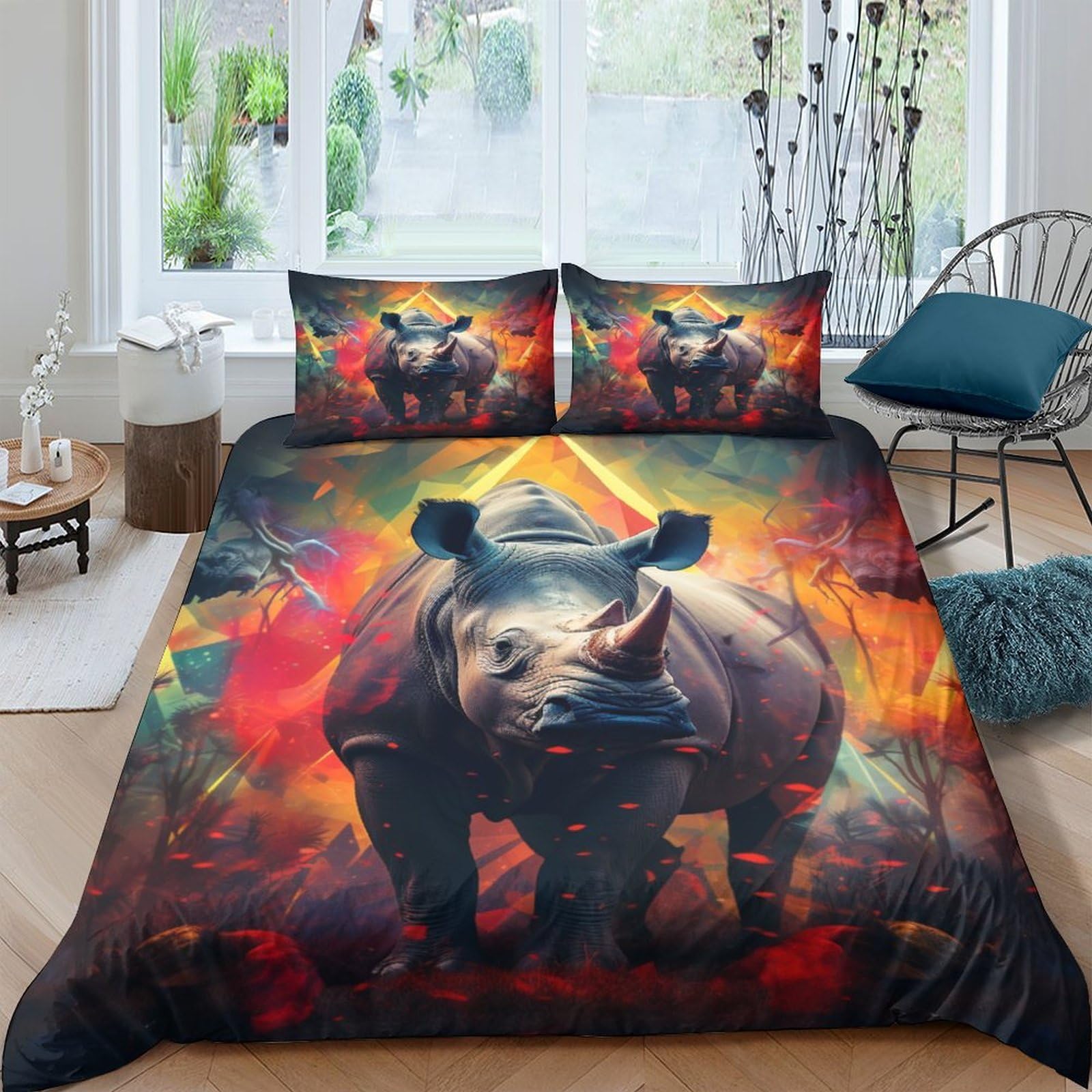 Funda nórdica 3 pieces animal rinoceronte microfibra suave 220x240cm con cremallera para niños