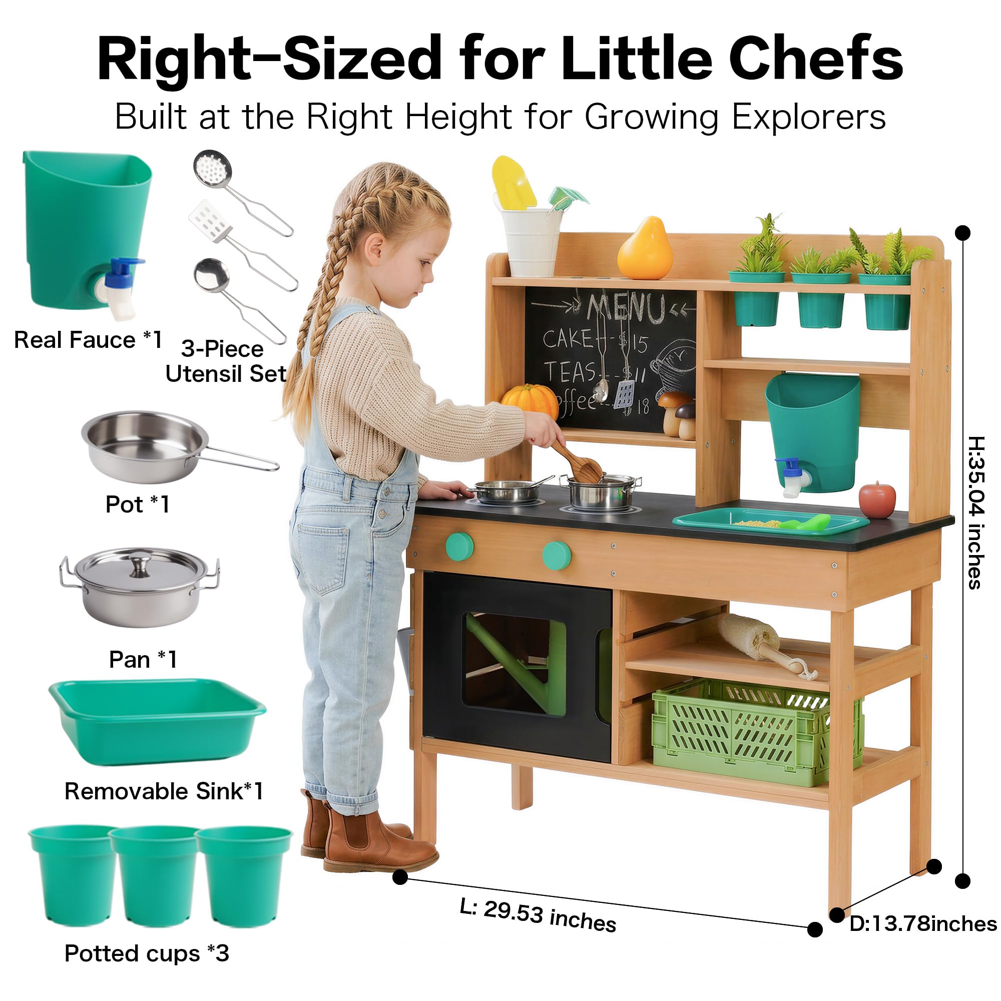 Matschküche Kinder Outdoor, Holz Spielküche mit Wasserhahn Wasserfunktion | Kinderküche für Kinder Zubehör, Spüle, Herd, Waschbecken Kinder, Mud Kitchen Gartenspielzeug für Jungen Mädchen ab 3 Jahren