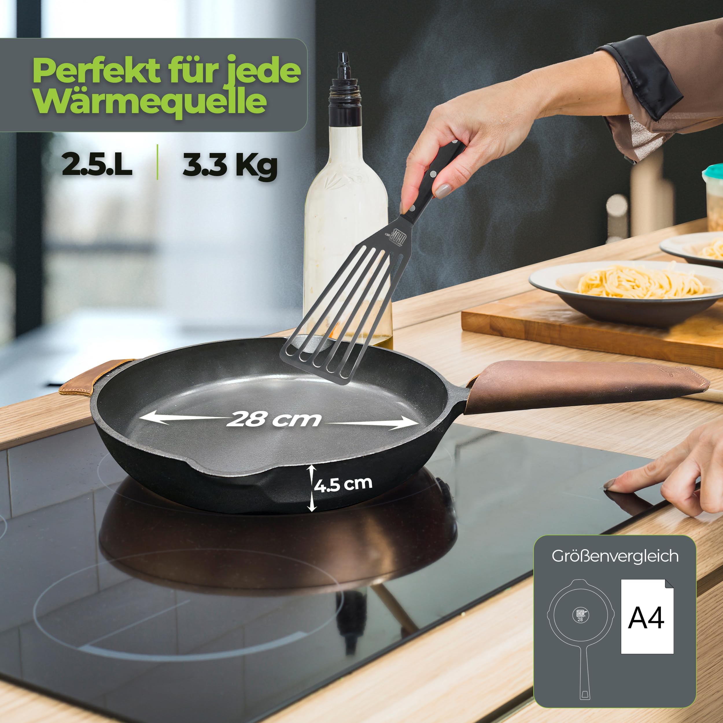 THOR Żeliwna patelnia indukcyjna 28 cm wraz z akcesoriami – szlifowana powierzchnia I patelnia indukcyjna, patelnia żeliwna, patelnia żeliwna, grill, patelnia żeliwna, patelnia żeliwna