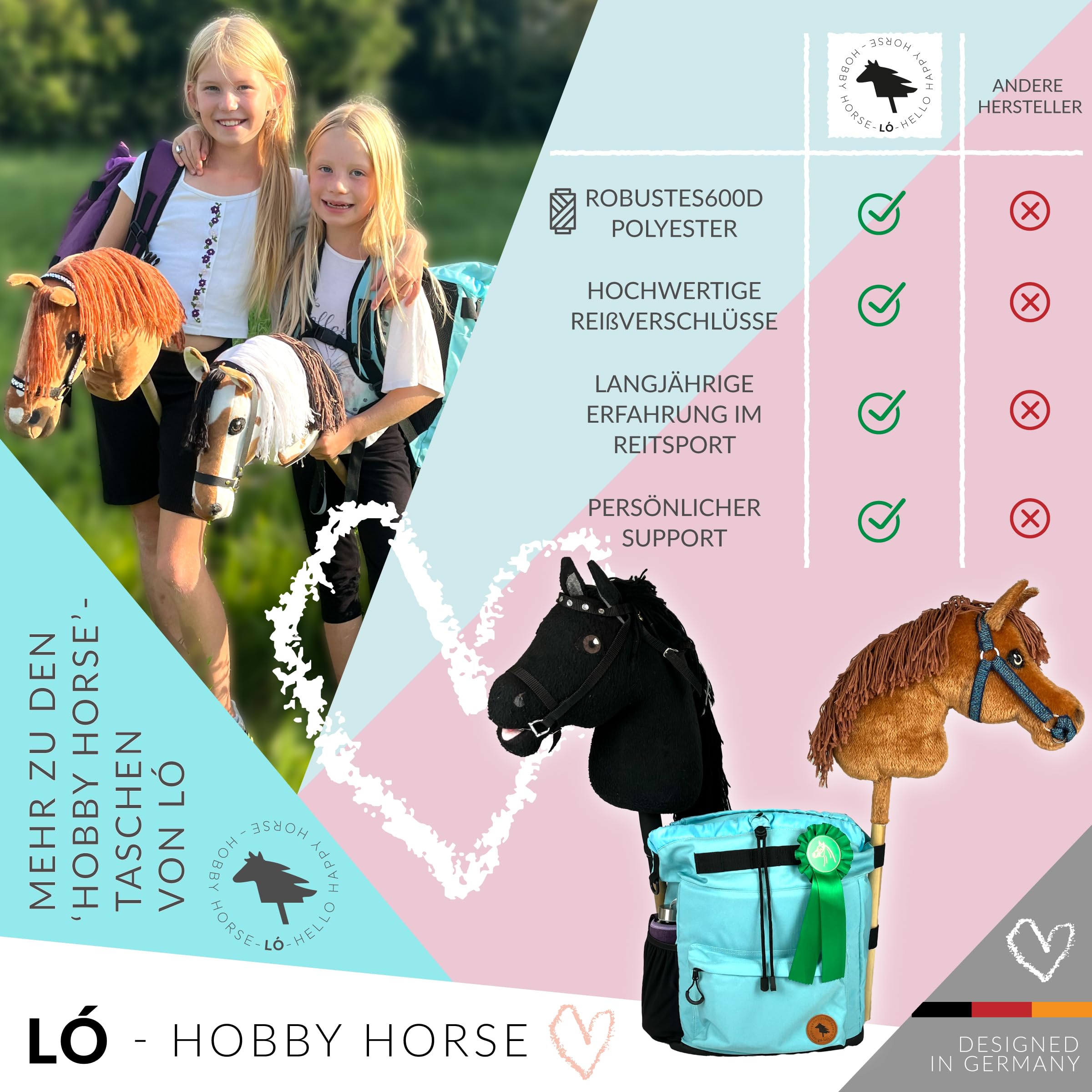 Driver13 LÓ Hobbyhorse Rucksack Steckenpferd, Hobbyhorsing Tasche, Transport bis 4 Hobbyhorses, Aruba Blau/Hell