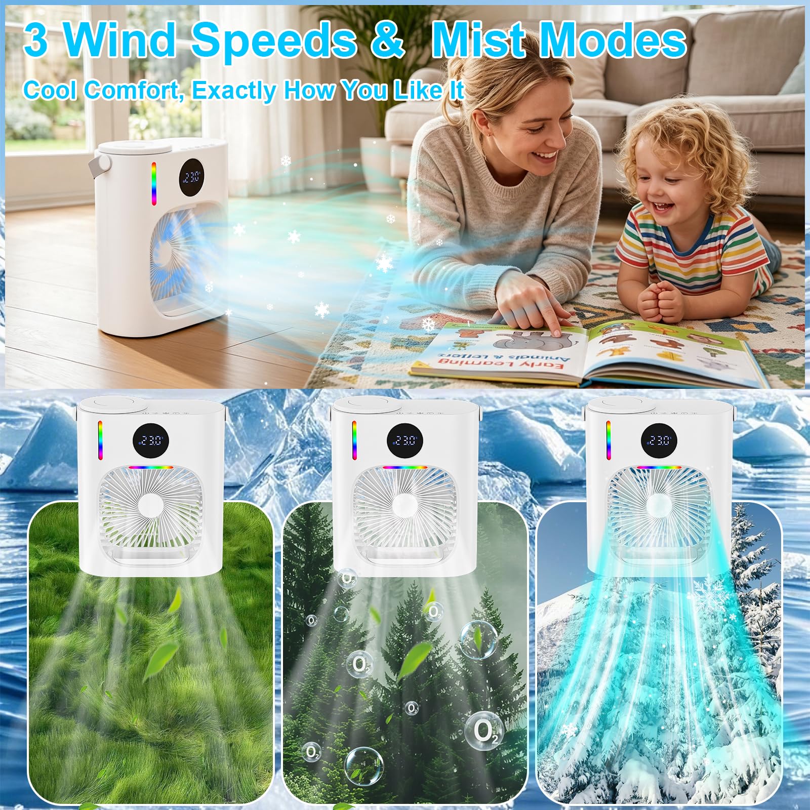 Condizionatore Portatile Silenzioso con 900ml,USB Mini Climatizzatore Evaporativo Ventilatore con 3 Velocità,Raffreddatore D'aria Luci LED & Risparmio EnergeticoIdeale per Spazi Piccoli(Blanco)