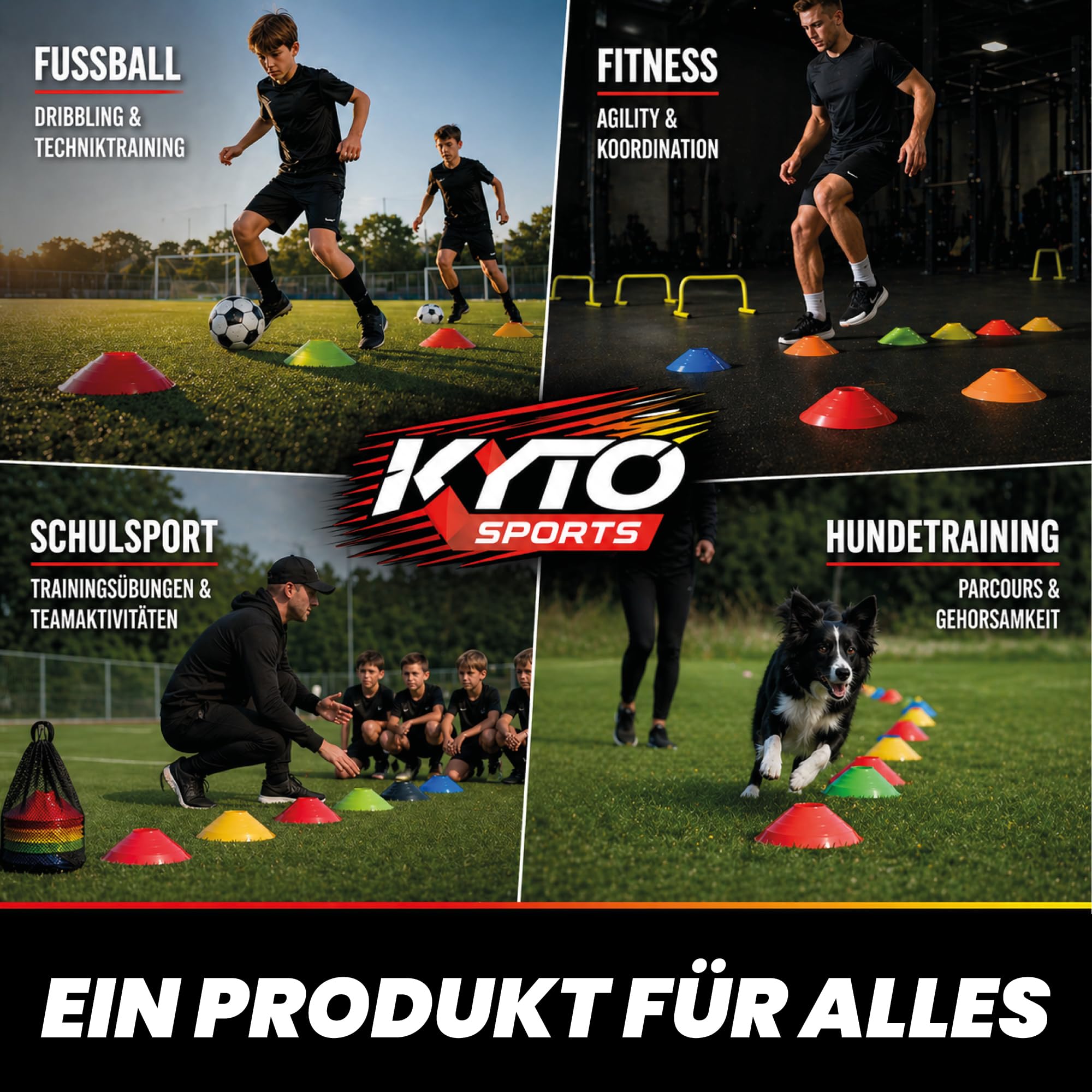 Kyto Sports Fußball Trainingsset für Kinder & Erwachsene – 5-teiliges Fußball Set mit Kickmatte, Solo Trainer, Koordinationsleiter, Markierungshütchen & Ballpumpe - Technik, Dribbling & Agility