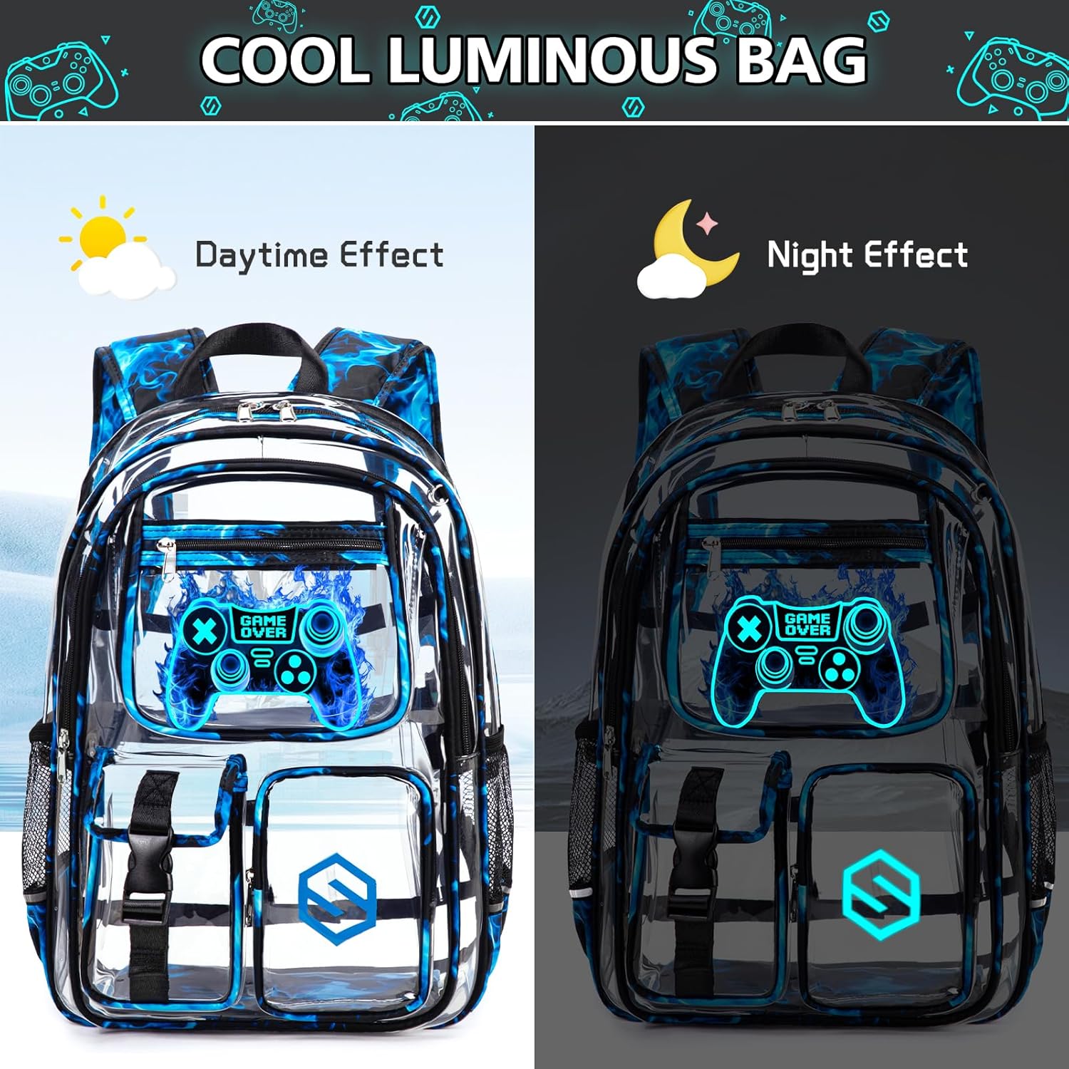 3PCS Cool Luminous Clear Backpack for Boys Kids, Gamer Clear Bookbag for School, See Through PVC Transparent Backpacks with Lunch Bag Pencil Case, Backpack Heavy Duty for School Stadium - Image 6