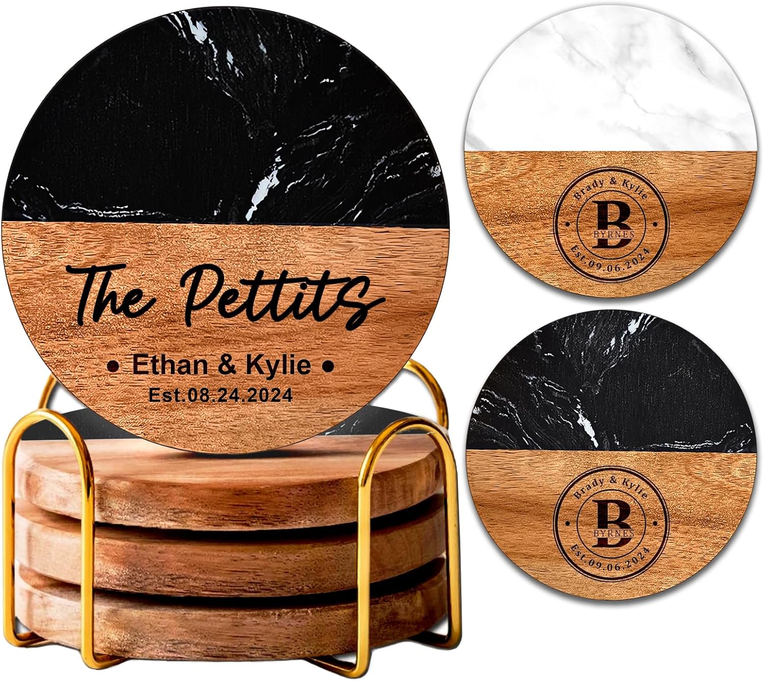 Personalized Coasters Set of 4 with Gold Stand, Wedding Gift for Couple, Custom Bar Coasters for Drinks with Monogram Engraved, Custom Anniversary Housewarming Gifts (Marble & Wooden)