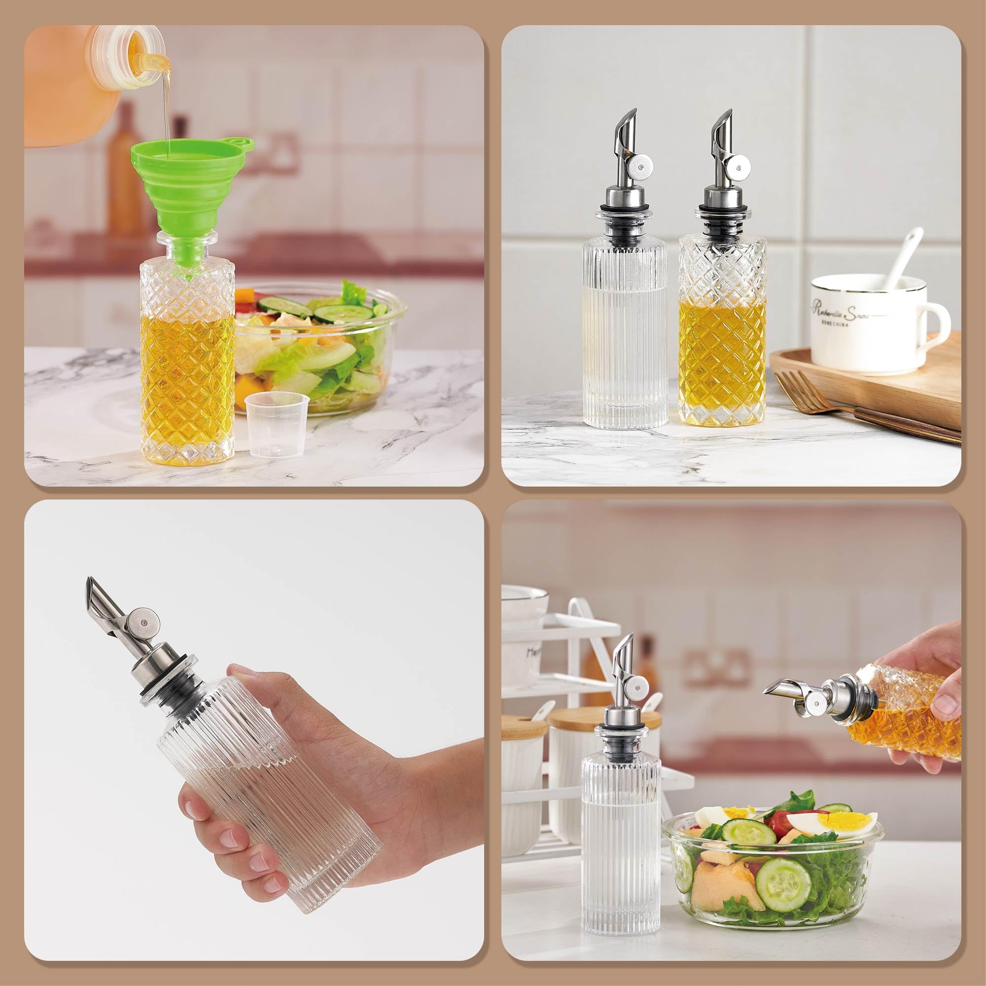 Botella dispensadora de aceite de oliva de vidrio pequeña, 6.5 onzas/200 ml, botellas de jarabe simples para café con boquilla de metal plateado, embudo, taza medidora, botella de aceite y