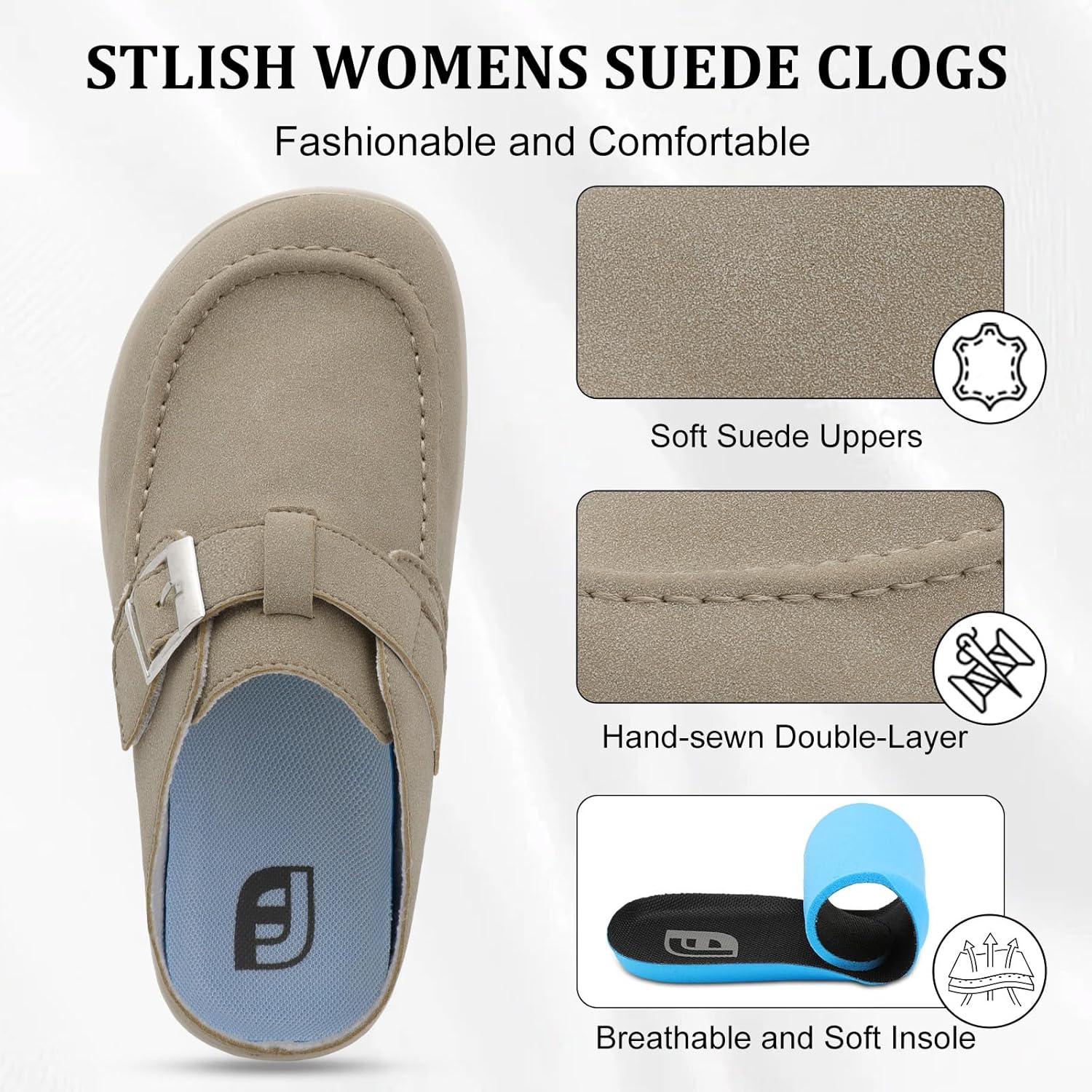 JOINFREE Womens Wide Suede Clogs Zero Drop Potato Shoes Diabetic Mules for Swollen Edema Comfort Slip on Clog Slippers with Adjuatable Buckle Indoor & Outdoor Use - Image 5