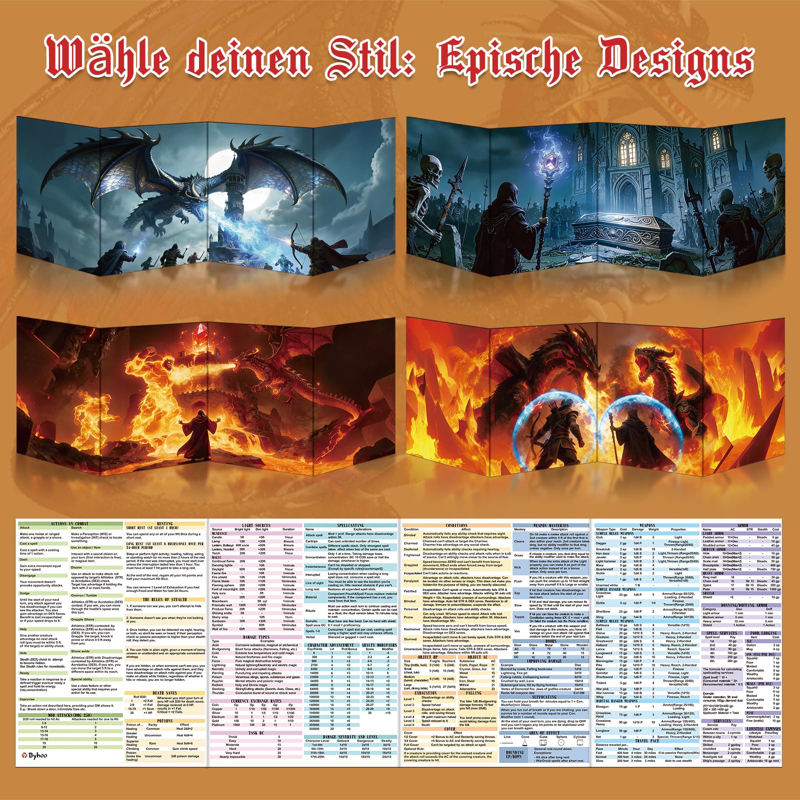 Byhoo DM-Sichtschirm 4er-Set für D&D 5E – Epic-Designs – Spielleiter-Schirm, wasserdicht & wiederbeschreibbar, mit verstellbaren Ständern, tragbares A4-Faltformat, kompatibel mit 5E-Regeln