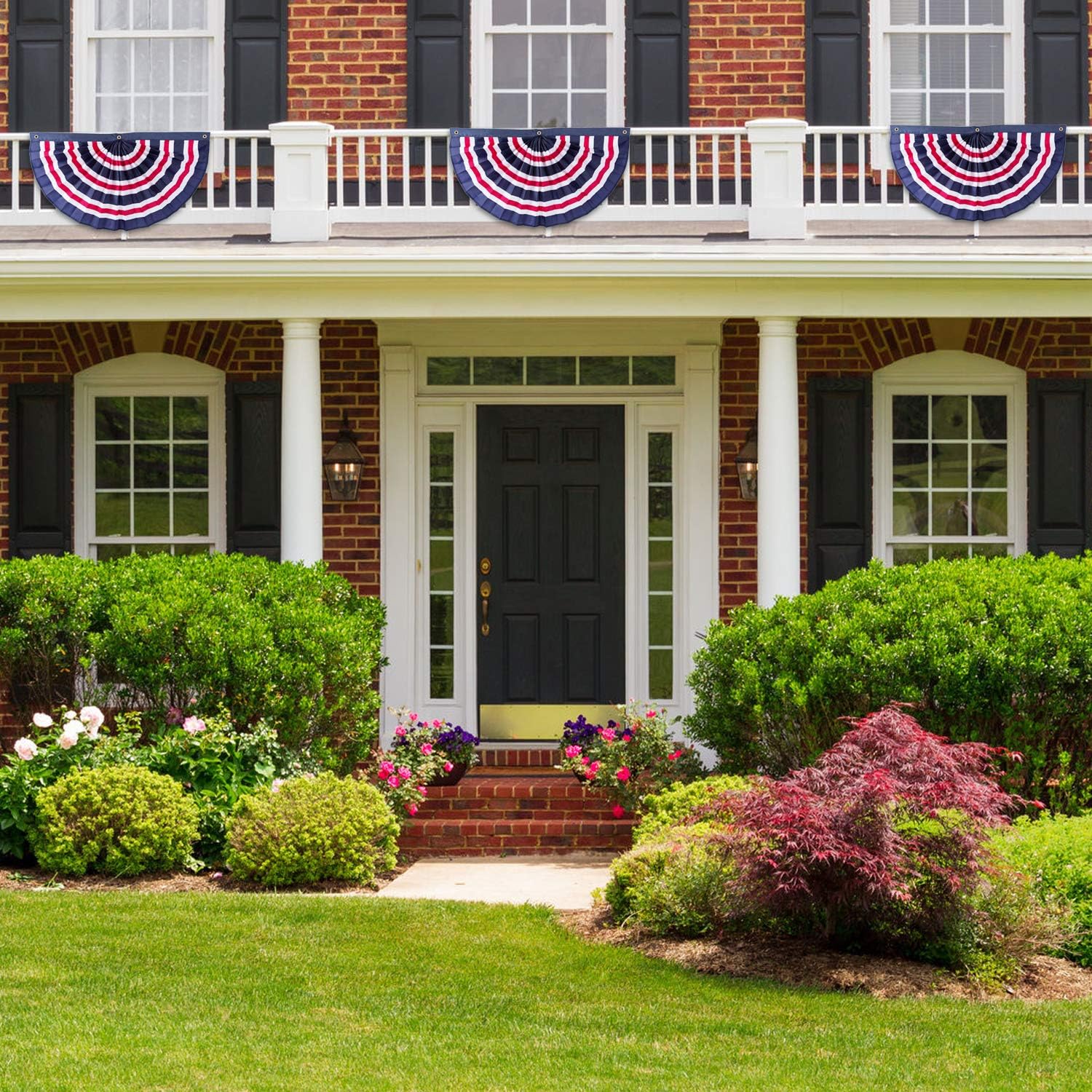 (2 Pack) 36”x18” Striped Red, White and Blue Patriotic Nylon Pleated Bunting Flag Decor w/Grommets- July 4th American Flag Outdoor Use- Americana Inside Outside Porch, Rail, Window Decoration (3x1.5)