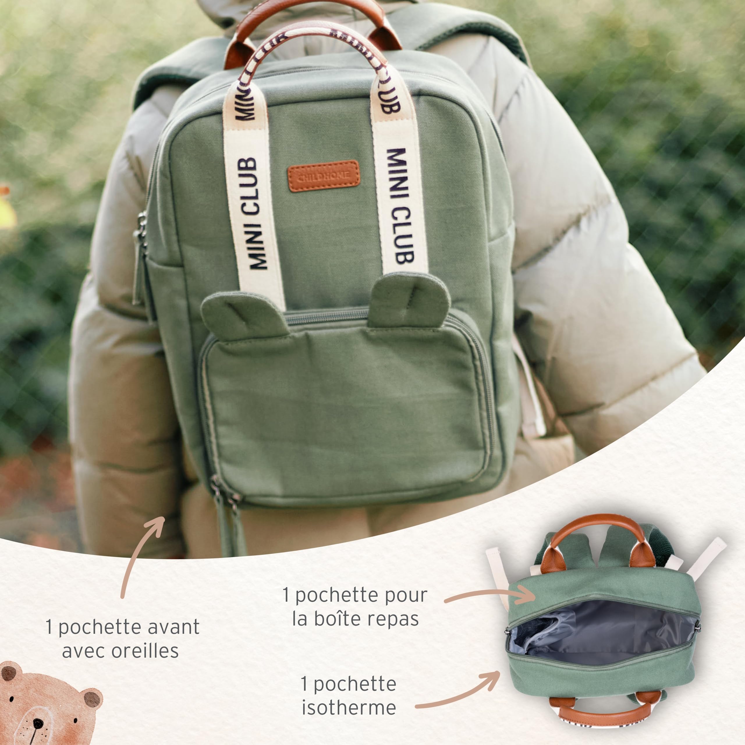 Childhome Mini Club Kids Signature Cute Kids Backpack, Simple Modern Mini Bookbag for Preschoolers, Adjustable Straps, Green