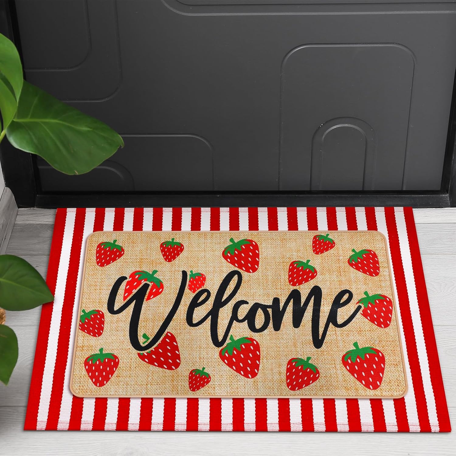 Tinideya 2 Pcs Strawberry Layered Door Mats Outdoor Cute Summer Strawberry Welcome Front Door Rugs Non Slip Floor Mats for Porch Entryway Indoor Outdoor