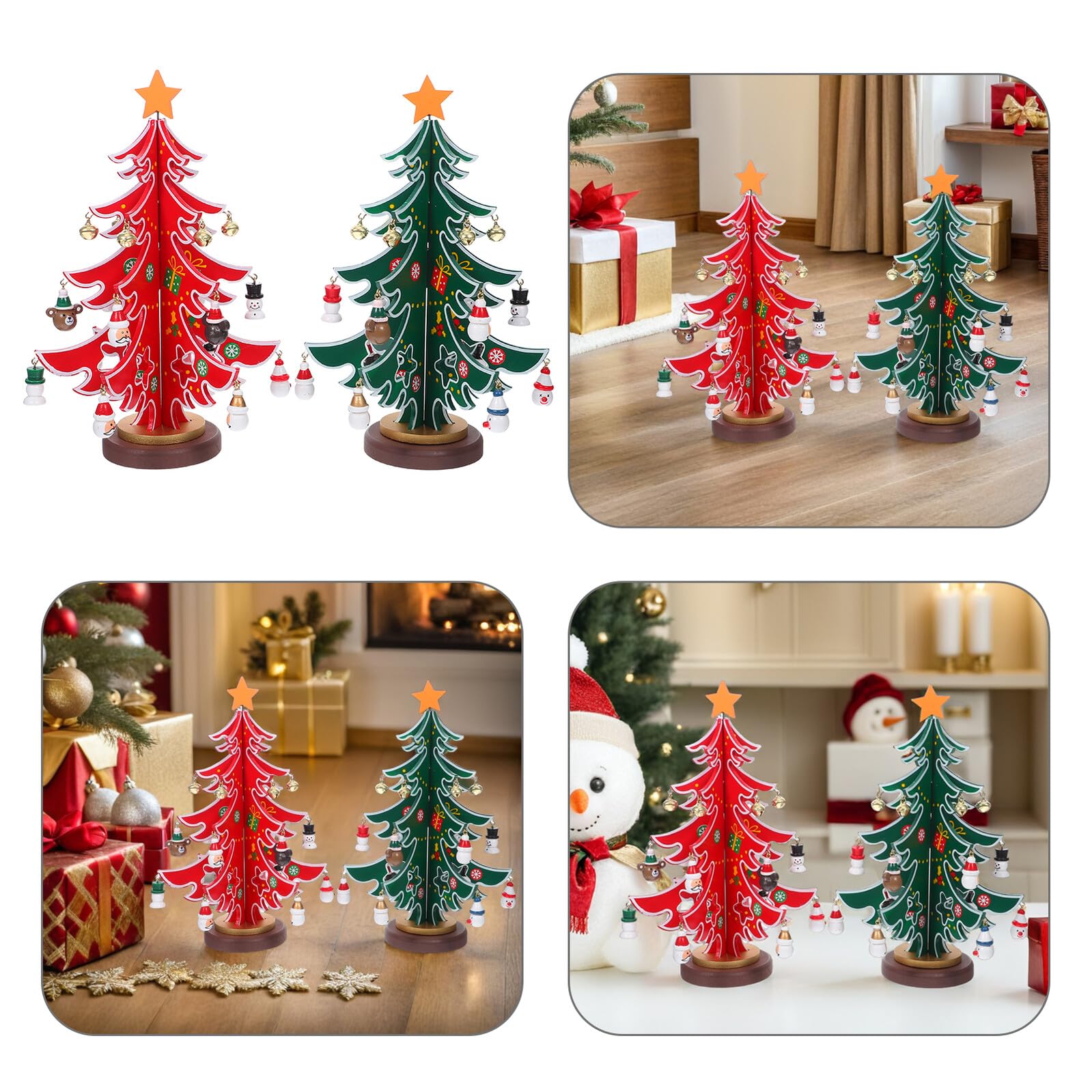 2 Piezas Mini Árboles de Navidad de Madera Tallada Decoraciones Navideñas Pequeñas para Mesa y Escritorio Verde y Rojo Adornos Artesanales para Festivo