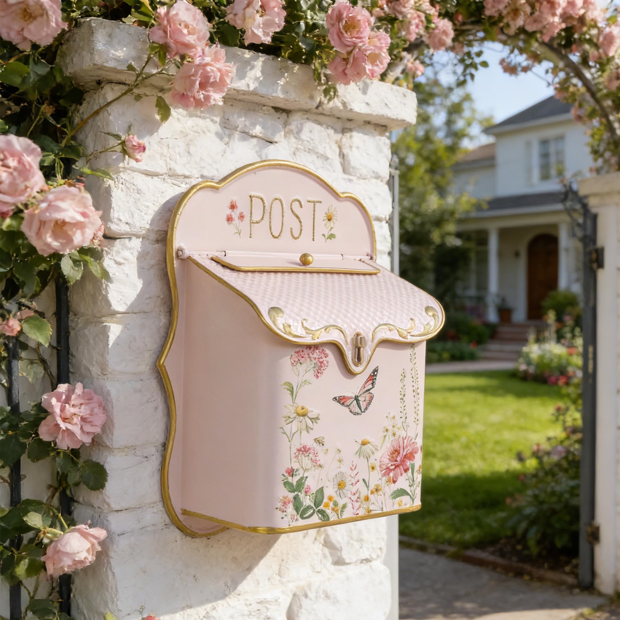 Vintage Wall Mount Mailbox for Outdoor Metal Wall Hanging Letter Box Decor Rustic Flower Pattern Mail Box for Garden Front Door Mantel Display (Pink)