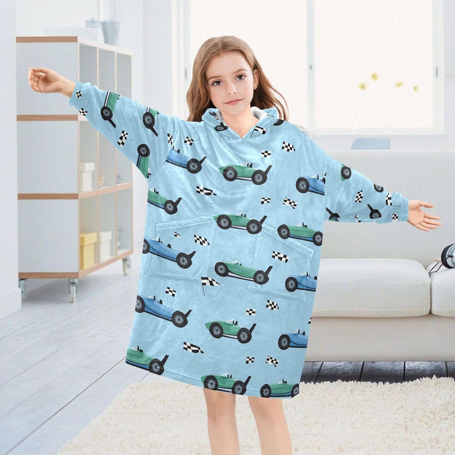 Car Racing Car Flag Kids Wearable Blanket Hoodie with Pocket and Sleeves for Toddlers, Cute Hoodies Girls B0403820