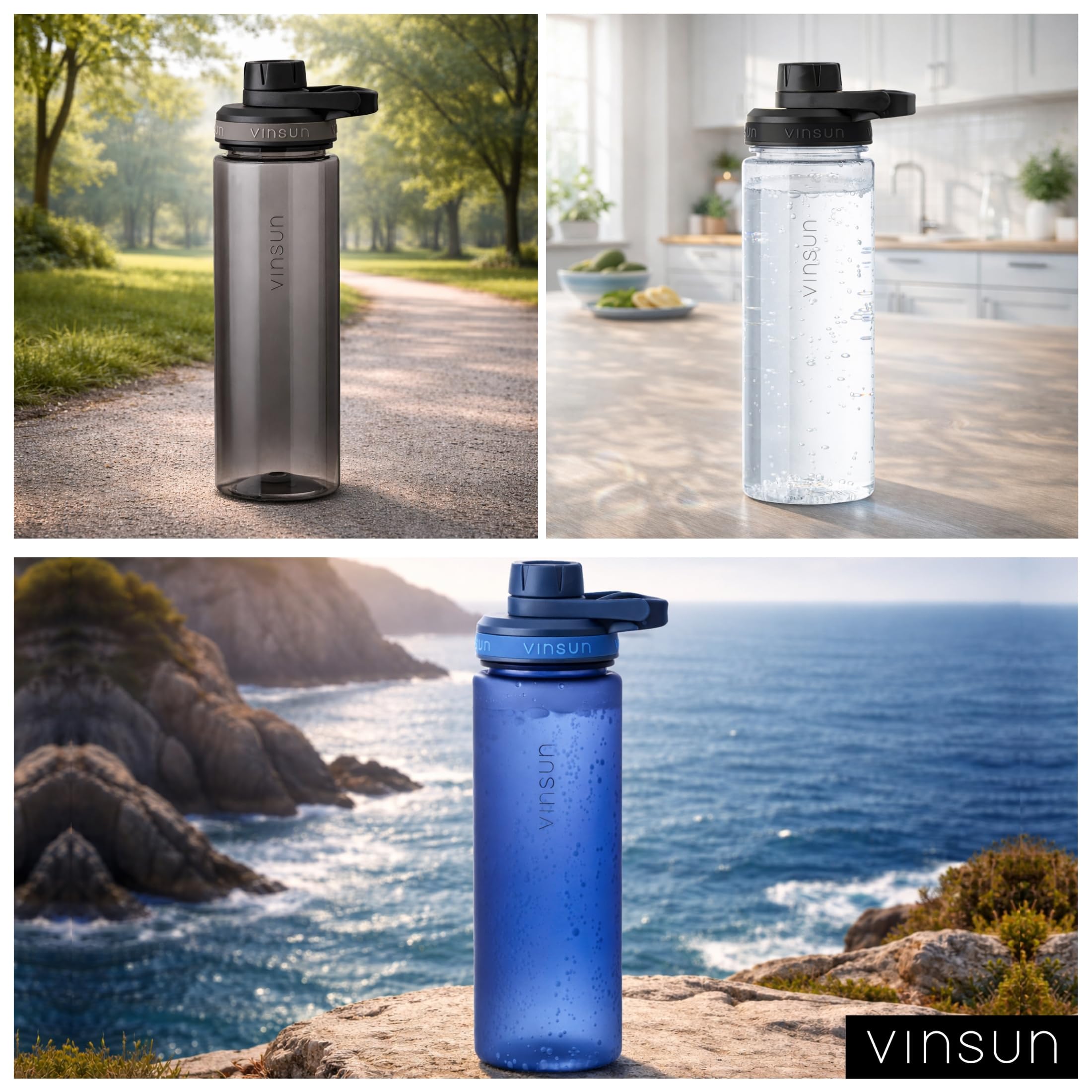 VINSUN Butelka na napoje, 750 ml, tritan, zabezpieczona przed wyciekiem, nadaje się do napojów gazowanych, bez BPA, lekka, smukła butelka na wodę do uprawiania sportu, szkoły, na uczelnię,