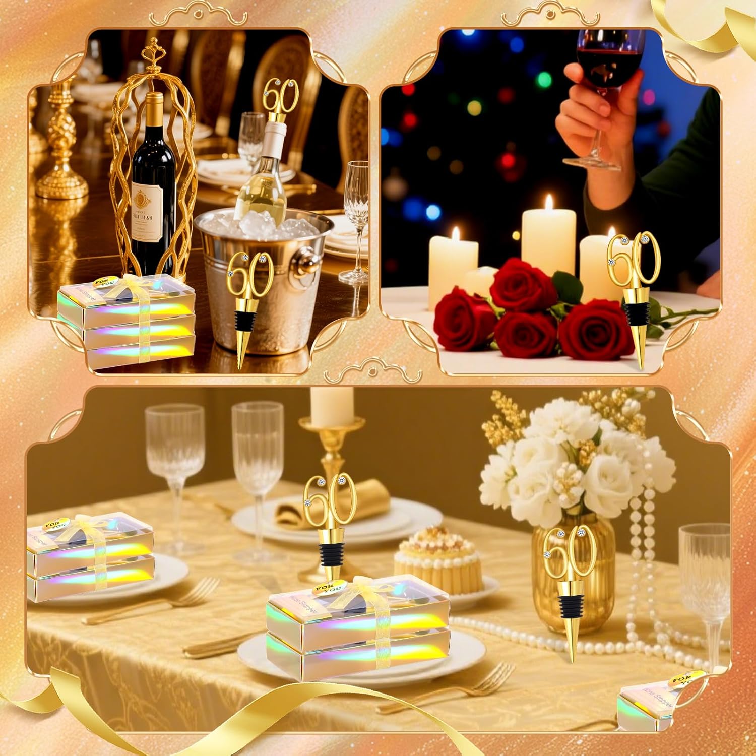 30Pcs 60th Birthday Wine Stopper Party Favors Gold Wedding Favor Wine Bottle Anniversary Wine Stopper Souvenirs for Guests Wine Bottles Stopper Decorative for Wedding Anniversary Parties(60th) - Image 7