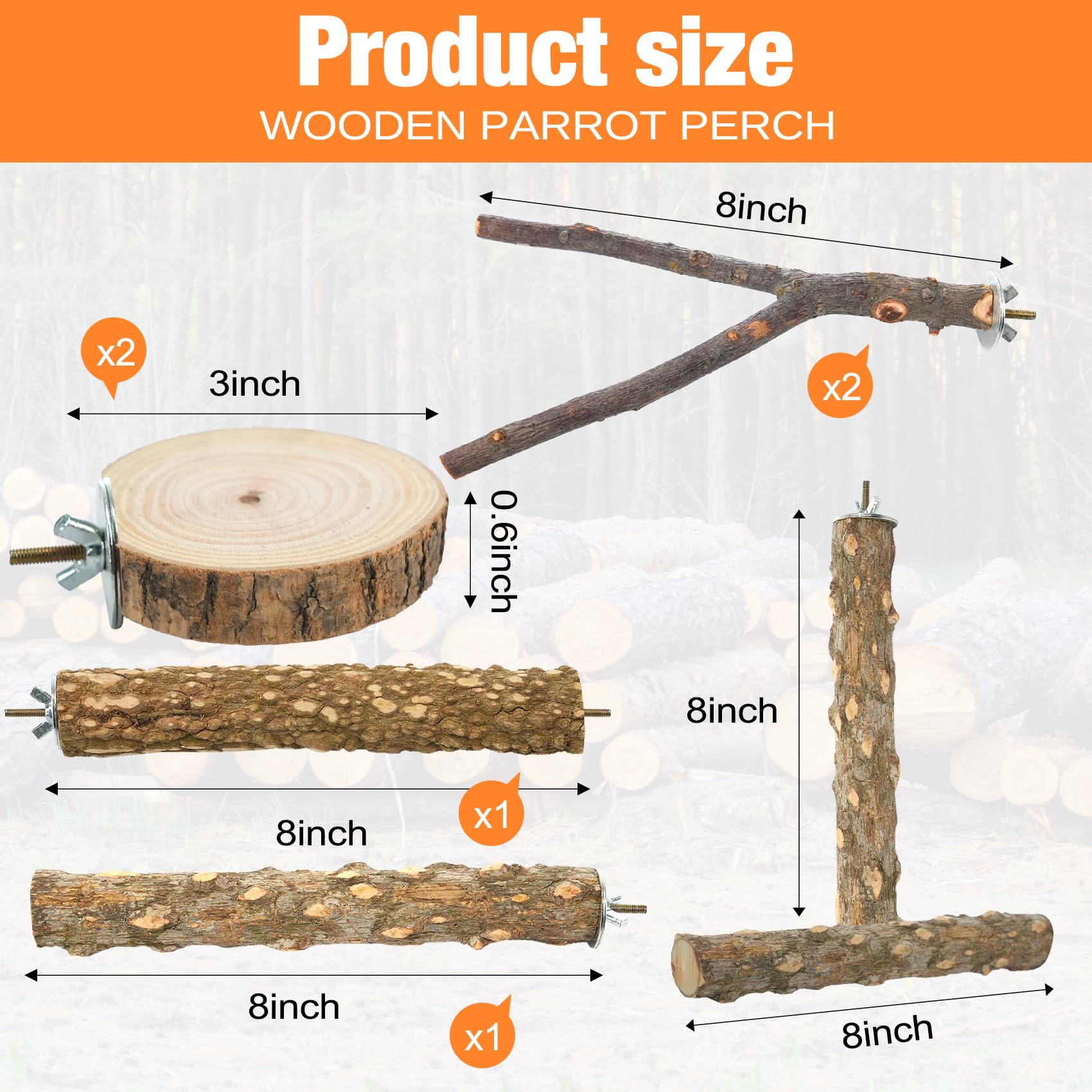 Vogel-Sitzstange, stehend, natürliches Holz, 7-teilig, Pfotenmahlgabel, Papageienkäfig-Ast mit Seil, Käfigzubehör, Spielzeug für Sittiche, Nymphensittiche, Sittiche, Wellensittiche
