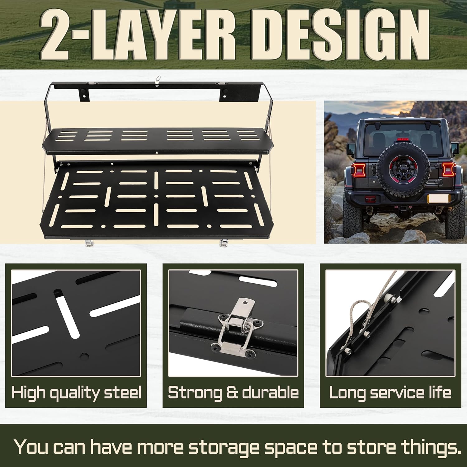 KUAFU Double-Layer Foldable Tailgate Table Compatible with 2018-2023 Jeep Wrangler JL 2/4 Door Rear Door Table Storage Cargo Shelf Steel Black