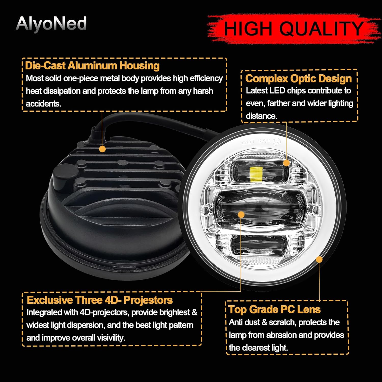 AlyoNed 2024 New 4.5" inch LED Passing Lights Fog Lamps Driving Light DRL White Halo DOT Kit for Motorcycle Auxiliary Light Bulb Projector Driving Lamp Chrome