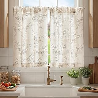 jinchan Floral Linen Kitchen Tier Curtains, 36 Inch, 2 Panels, Gray | Rod pocket, linen-blend, botanical floral print, farmhouse, light filtering, privacy, kitchens and small windows