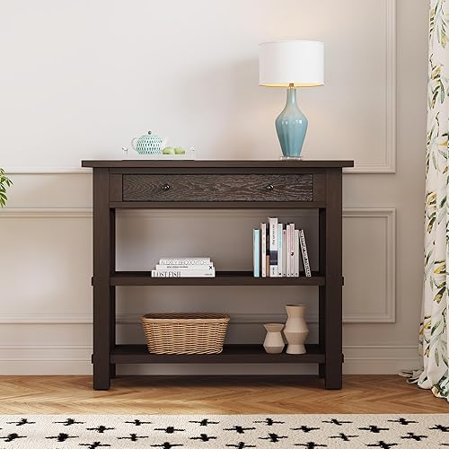 Miniatura 36 de Mesa consola rústica, mesa de sofá de 50 pulgadas de largo con 3 cajones y estante de almacenamiento abierto de 2 niveles, para sala de estar,