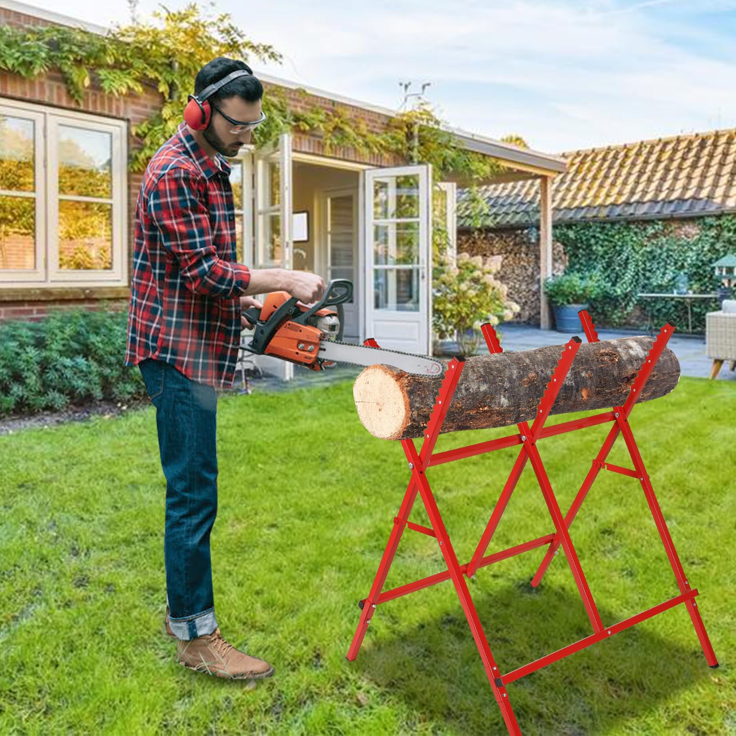 Chevalet de sciage pliable pour tronçonneuse et scie à main, chevalet de sciage à bois, aide à la scie, sciage facile, jusqu'à 100 kg, rouge