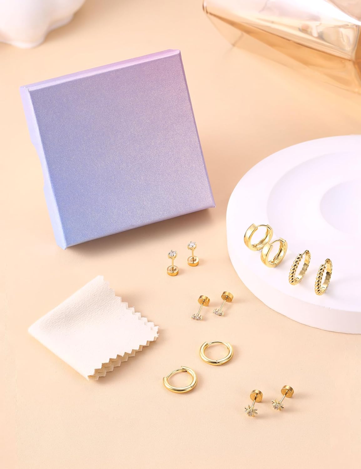 Florideco Small Hoop Earrings 14K Gold Plated Hypoallergenic Flat Back Earrings Surgical Stainless Steel Cartilage Earring Sets for Multiple Piercing Trendy Earring Stacks Flatback Stud Earrings - Image 3