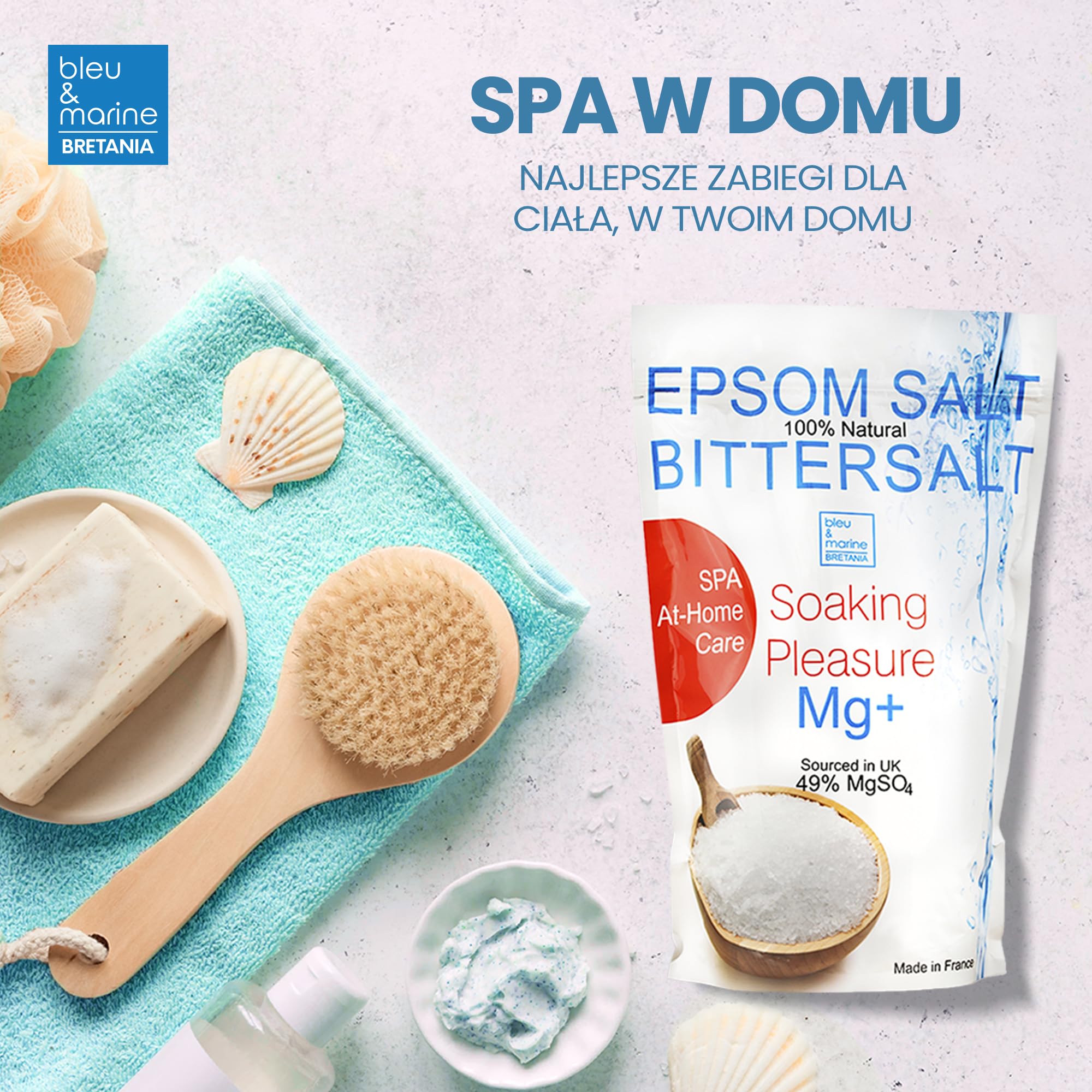 bleu & marine Bretania - 100% Naturalna Sól Epsom do Kąpieli | Relaks dla Zmęczonych Nóg | Poprawia Krążenie | Detoksykacja Organizmu | Nawilża i Zmiękcza Skórę, Transparentna, 250g