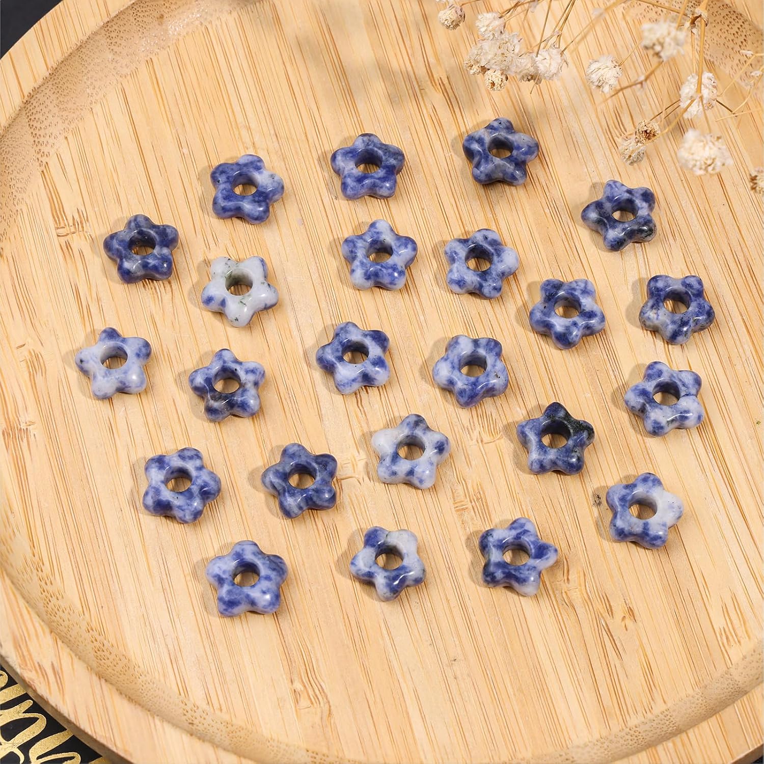 mookaitedecor 10 Pcs Sodalite Large Hole Beads Blossom Floral Crystal Spacer Loose Stone Beads for Jewelry Making Macrame Projects DIY Crafts, 14-15 mm