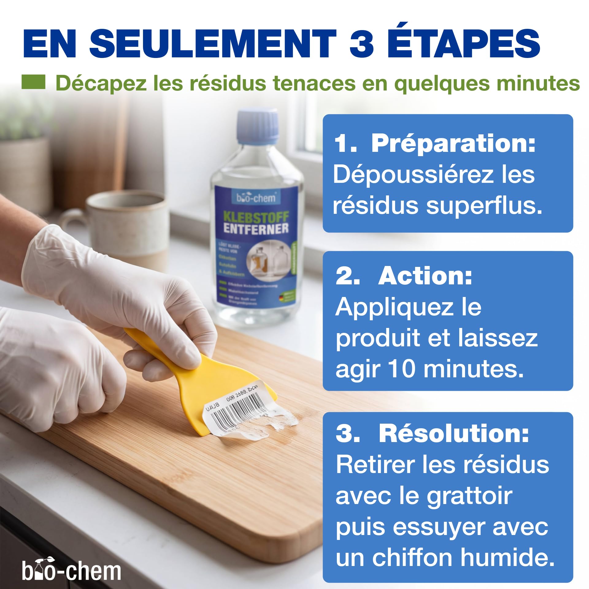 bio-chem - Dissolvant colle et adhesif 500ml - Alternative à l'acetone - Produit enlever colle autocollant - Décape résidus étiquettes, glue extra forte, uhu, loisir creatif - Grattoir inclus
