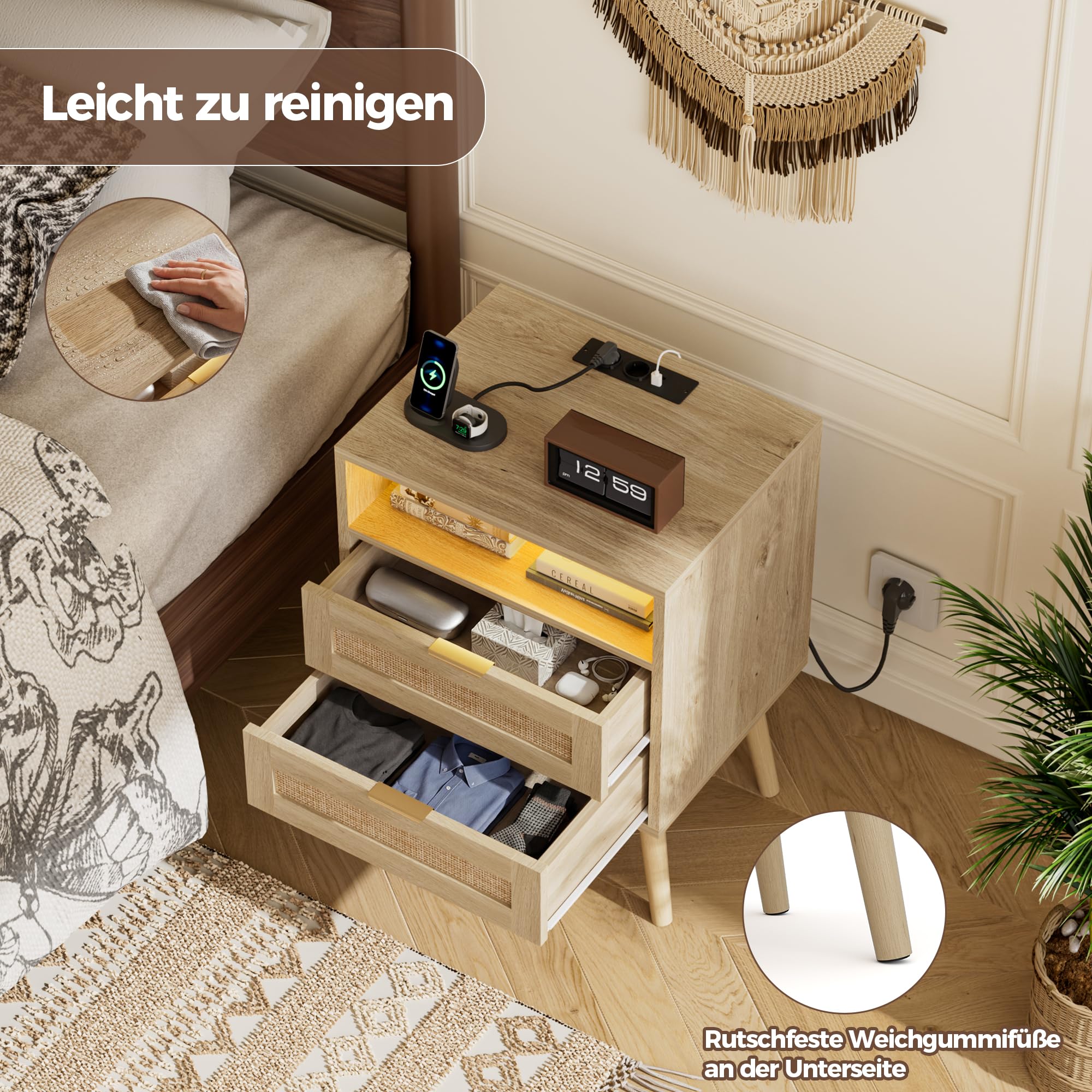 BonVache Rattan Nachttisch 2er Set, Farblich Einstellbares Licht, integrierter Steckdose und USB-A & C Anschlüssen, Offenem Fach und 2 Schubladen im Korbgeflecht-Stil, Massivholzfüßen