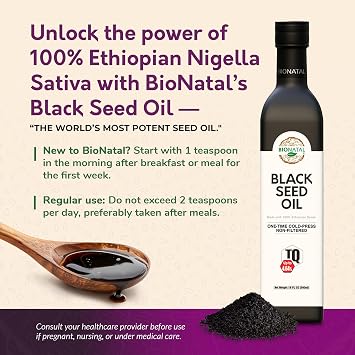 BioNatal Ethiopian Black Seed Oil Cold Pressed Nigella Sativa Producing Black Cumin Seed Oil, Unrefined & Non-Filtered, High TQ Up to 4.64% Supports Immune System, Digestion & Joints 16oz Glass