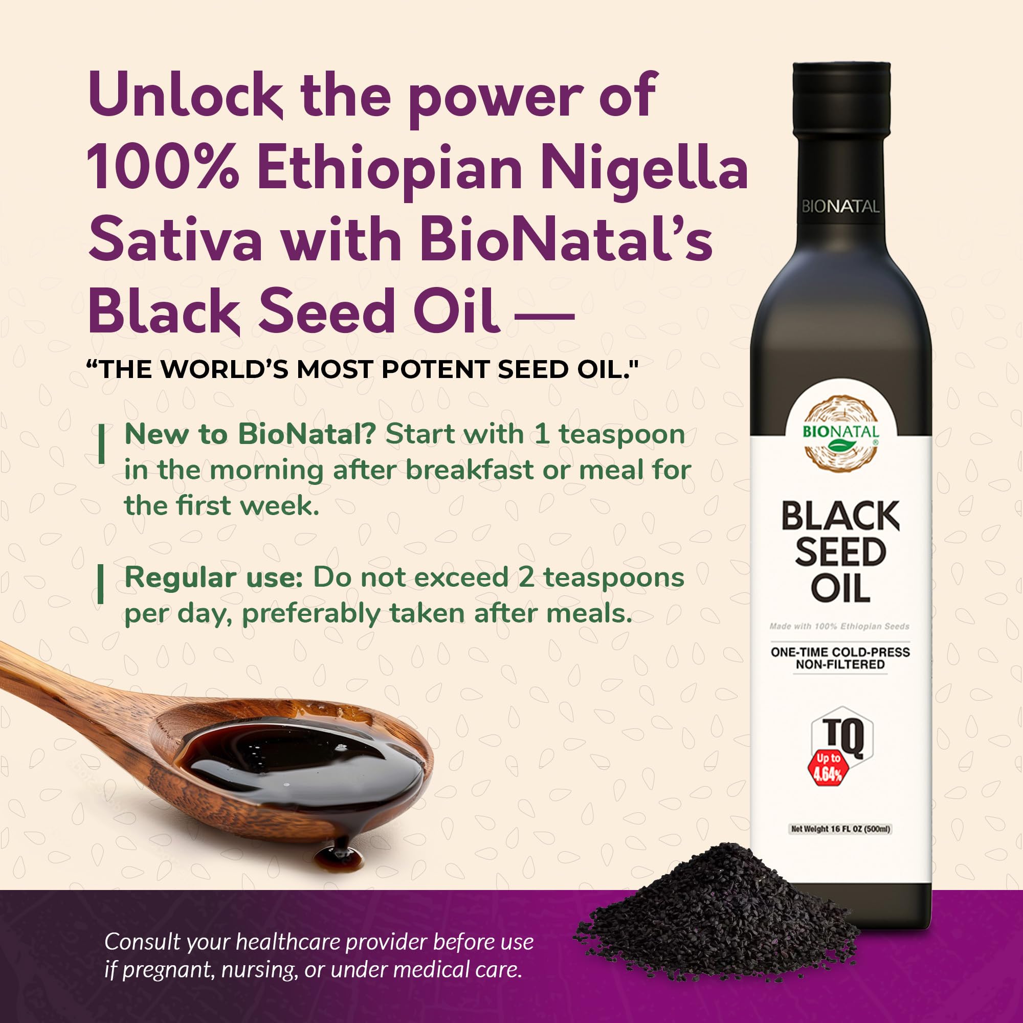 Bionatal Aceite de semilla negra etíope, 16 onzas (vidrio), prensado en frío, sin filtrar, semillas de Nigella Sativa