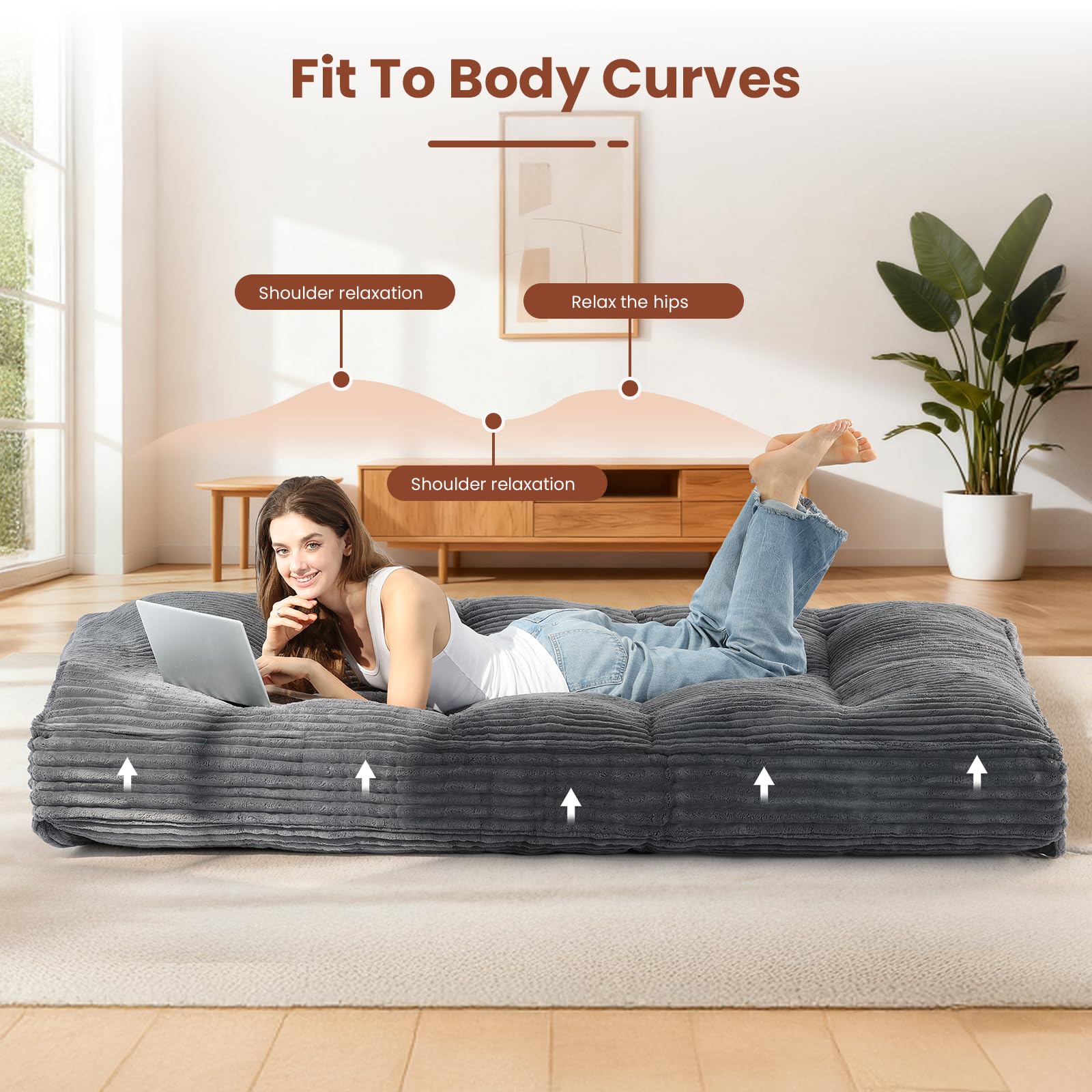 10" Futon Mattress Queen Size,Futons Sofa Couch Bed with Straps, Thick Corduroy Floor Mattress for Adults, Roll Up Folding Mattress Shredded Foam Filling, Medium Firm (Gray, Full)