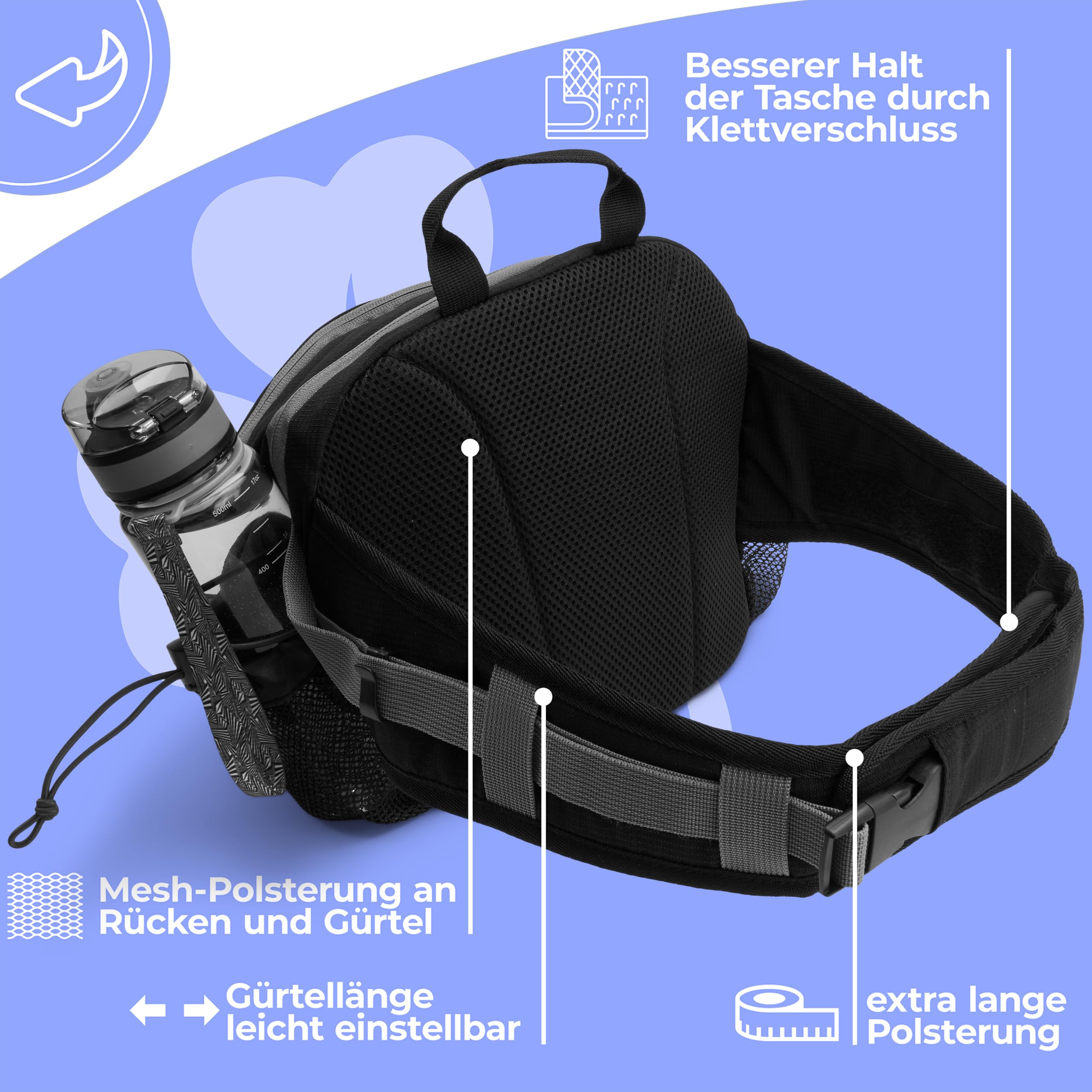 Riñonera para mujer y hombre, XXL, 9 L, con soporte para botella, para correr, para entrenamiento de perros, senderismo, bicicleta, correa acolchada (negro y gris)