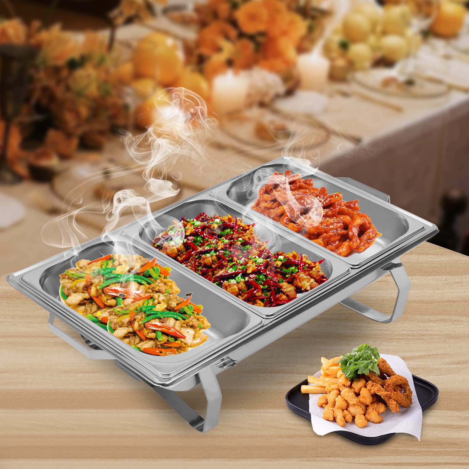 Contenitore in acciaio inox da 8 l, con tre padelle, scaldavivande Chafing Dish con supporto pieghevole, scalda buffet per caffetterie, hotel, mense scolastiche, banchetti, 60 x 34,5 x 30 cm
