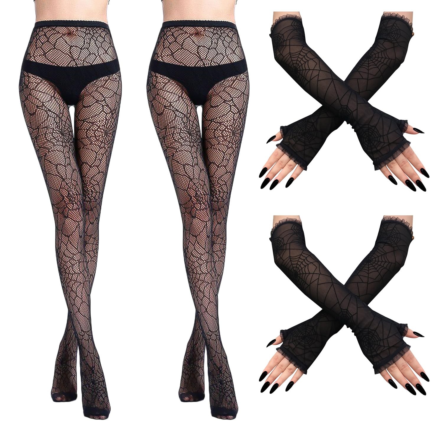 JNAWA 4Pairs Halloween Spiderweb Tights and Gloves Women's Spider Web Gloves Fingerless Stockings Fancy Dress Costume Accessories for Halloween Party