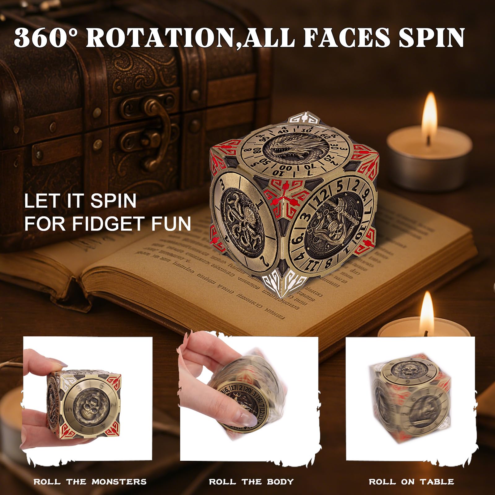 Dés à Spinner DND - Jeu de dés en métal 7 en 1 avec design de dragon en relief 3D | Design unique de rotation pour Dungeons & Dragons RPG Polyèdre Jeu de dés pour D&D et DM (bronze)
