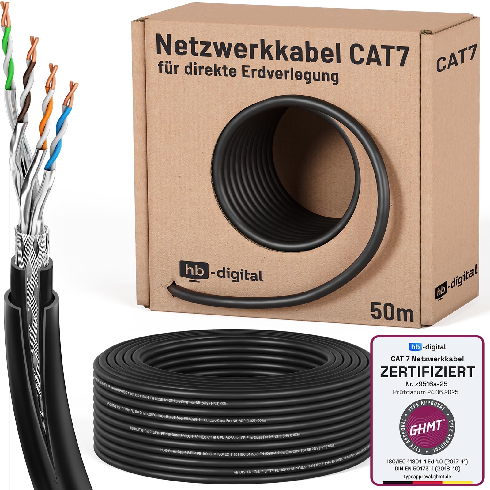 HB-DIGITAL 50m CAT 7 Outdoor Netzwerkkabel für direkte Erdverlegung -GHMT Zertifiziert- S/FTP AWG23 reines Kupfer Doppelmantel PVC + LLDPE PoE 10Gbit/s Ethernet Kabel für Außenbereich - Schwarz