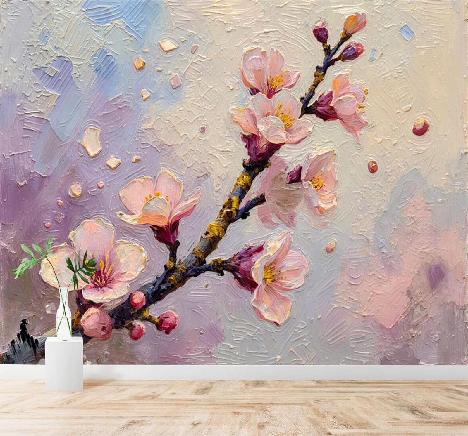 XLMING Hand Painted Watercolour Pink Cherry Blossoms Petals 3D Wallpaper Premium Textured Silk Study Dining Living Room Bedroom Sofa TV Wall Easy Install-300cm×210cm