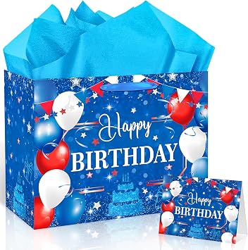 Red White and Blue Birthday Gift Bag with Tissue Paper Card Red Blue Patriotic Birthday Wrapping Paper Bag for 4th of July Independence Day Veterans Memorial Day Hero Baseball Bday Baby Shower