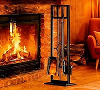 FireBeauty 5-Piece Wrought Iron Fireplace Tools Set with Poker, Brush, Shovel, Tongs & Stand - Black, Durable & Ergonomic