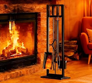 FireBeauty 5-Piece Wrought Iron Fireplace Tools Set with Poker, Brush, Shovel, Tongs & Stand - Black, Durable & Ergonomic