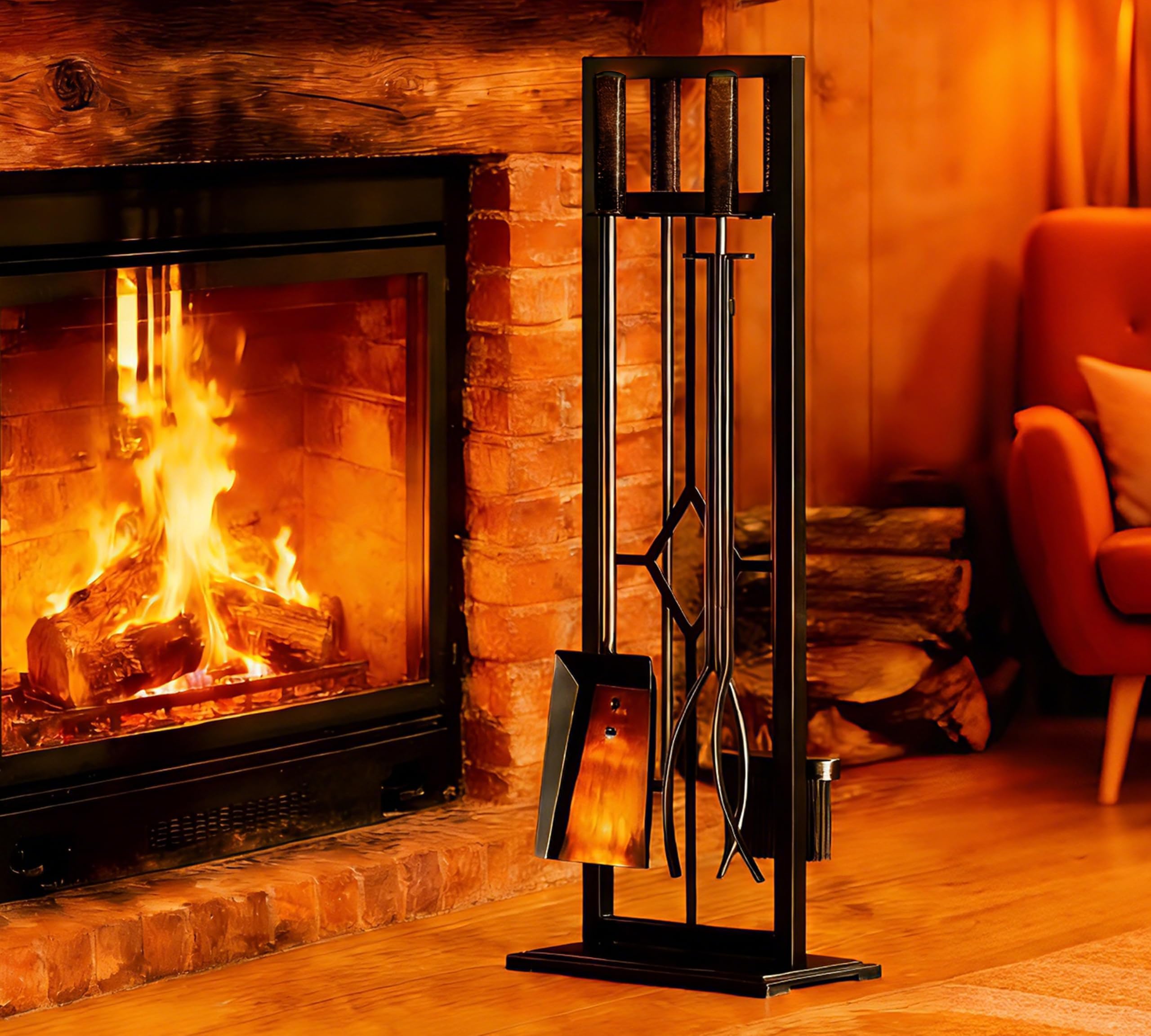 5 Pieces Fireplace Tools Set Wrought Iron Fire Place Pit Poker Holder(Black)