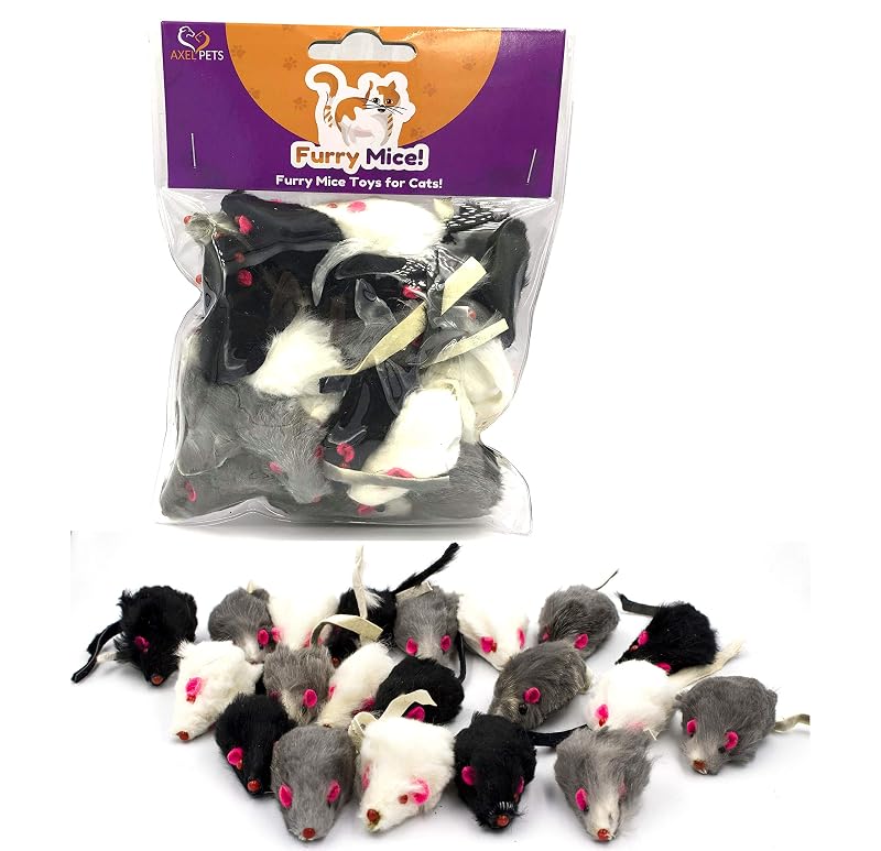 Brinquedo de Ratinho com Catnip e Chocalho para Gatos em Pelúcia de Pele de Coelho AXEL PETS, Pacote com 20