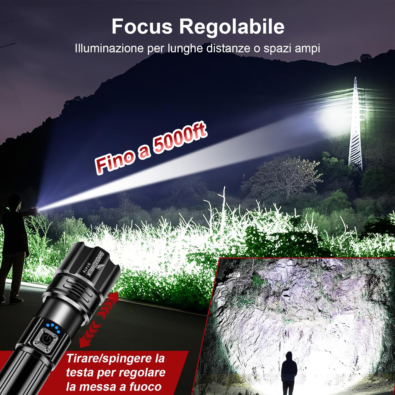 Shadowhawk Torcia LED Potente Professionale 500000 Lumen | Militare Torce Led Alta Potenza Ricaricabili(12H Illuminazione 5000mAh Batteria), Per Campeggio/Trekking/Emergenza, IP67 & 5 Modalità