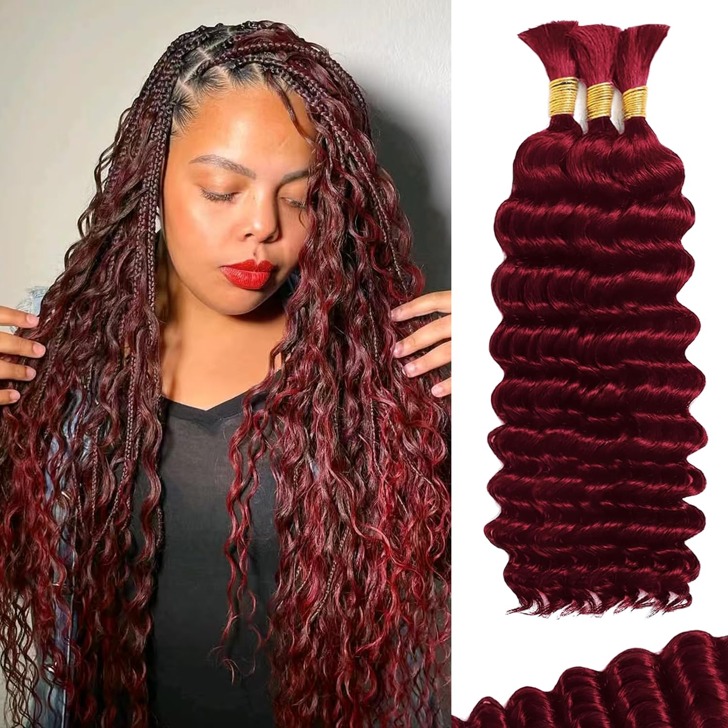 Afihond Human Braiding Hair for Boho Braids 120g Deep Water Wave Bulk Human Hair for Braiding No Weft 12A Wet and Wavy Curly Human Hair Extensions 3 Bundles/Pack Natural Color 18 Inch