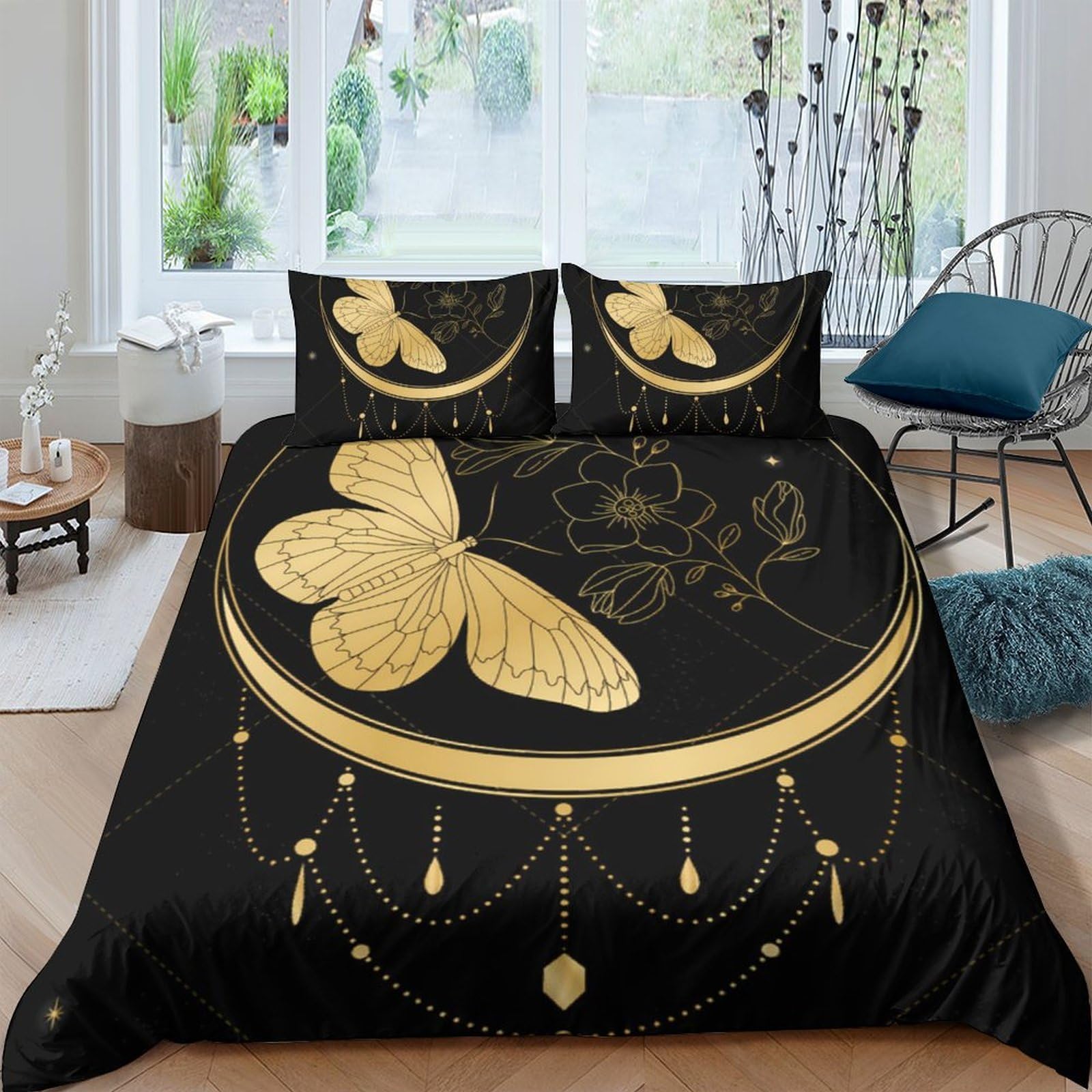 Ctjqhvkz Style-7 3D Printed Golden Butterfly Fitted Sheet Microfiber Soft Black Moon Bed Cover For Bedroom Dorm Guest Room Decor Easy Care Single（135X200cm）